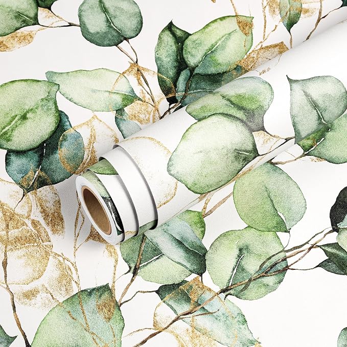 Livelynine 17.5x591 Botanical Nature Peel and Stick Wallpaper Vintage Sage Green and Gold Wall Paper for Bedrooms Living Room Apartment Friendly Eucalyptus Leaves Botanical Contact Paper for Drawers