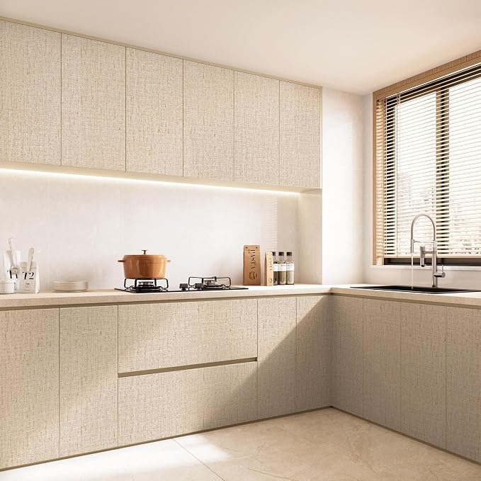 Beige Grasscloth Peel and Stick Wallpaper Textured 15.7in x 157.4in | Faux Linen Wallpaper Peel and Stick Vintage Grasscloth Contact Paper Self Adhesive Removable Contact Paper for Bedroom Vinyl