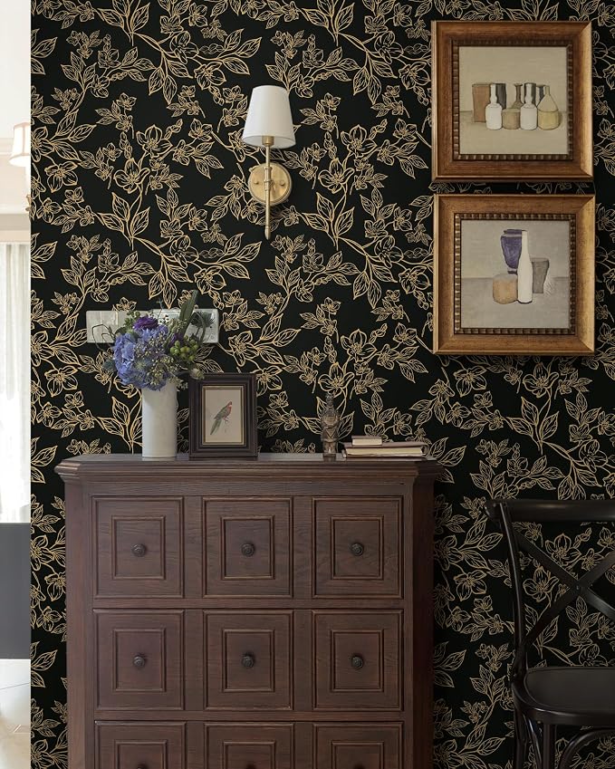 Ismoon Peel and Stick Wallpaper Black and Gold Stick on Wallpaper Dark Floral 17.3x78.7in Black Modern Wall Paper Removable Self Adhesive Contact Paper for Bedroom Cabinets Shelf Liner Vinyl