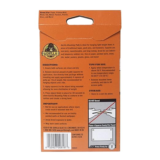 Gorilla Mounting Putty, Natural Tan Color, 84 Pre-Cut Squares (Pack of 8) - Non-Toxic Removable & Repositionable Wall Putty