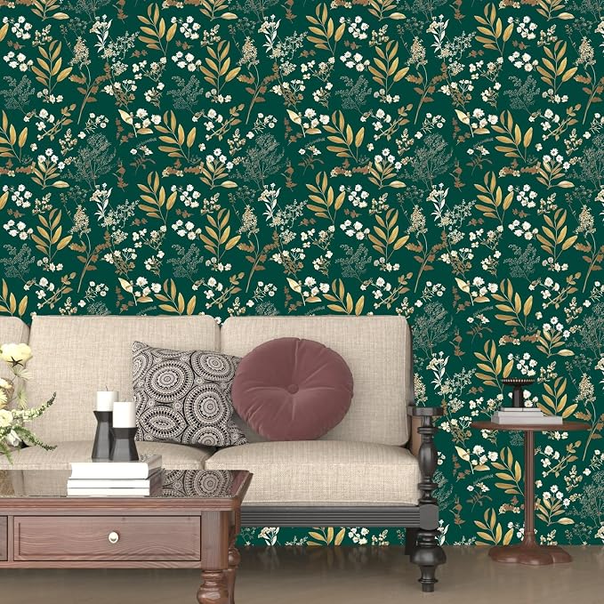Vintage Dark Green Gold Floral Peel and Stick Wallpaper 17.5"x197" | Self Adhesive/Removable/Waterproof/Thick Vinyl Contact Paper for Bathroom Bedroom Shelf Cabinet Drawer,Prepasted,Easy Peel