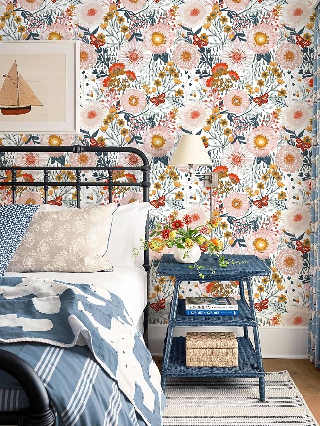 Dimoon Floral Wallpaper Peel and Stick Wallpaper Boho Retro Contact Paper 17.3''x197'' White Bohemian Vintage Removable Wall Paper Renter Friendly Waterproof Wall Mural Bedroom Bathroom Vinyl