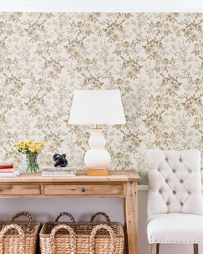 Erfoni 16.9" x118" Boho Floral Peel and Stick Wallpaper Beige Flower and Leaf Contact Paper Self Adhesive Removable Wallpaper Boho Botanical Wall Paper for Bedroom Cabinets Decor Vinyl Roll Waterproof