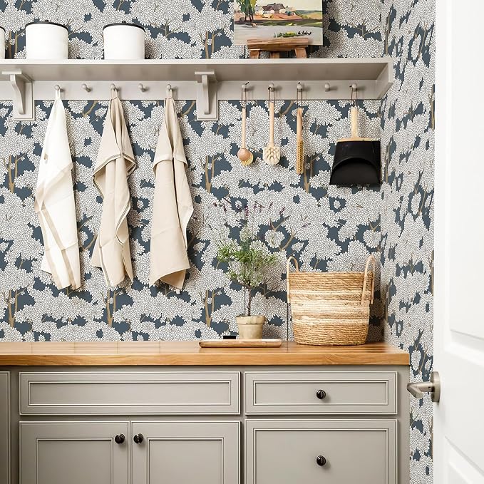 JiffDiff Tree Wallpaper Peel and Stick Jungle Wall Paper Forest Mural Stick on Wallpaper Modern Waterproof Self Adhesive Contact Paper (17.3" x 800" Blue)