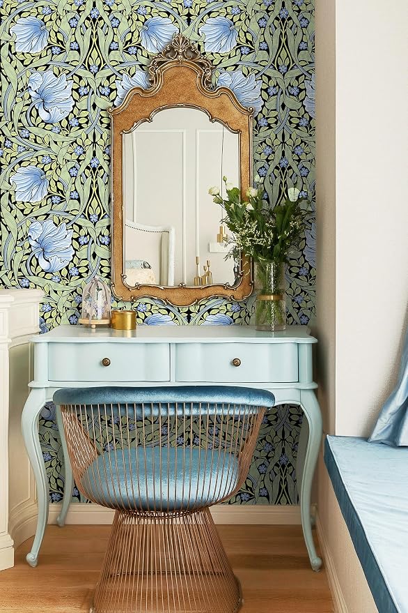 HAOKHOME Vintage Wallpaper Peel and Stick Floral Vine Green/Blue/Black Wall Murals Home Kitchen Bedroom Decor by William Morris 17.3in x 9.8ft