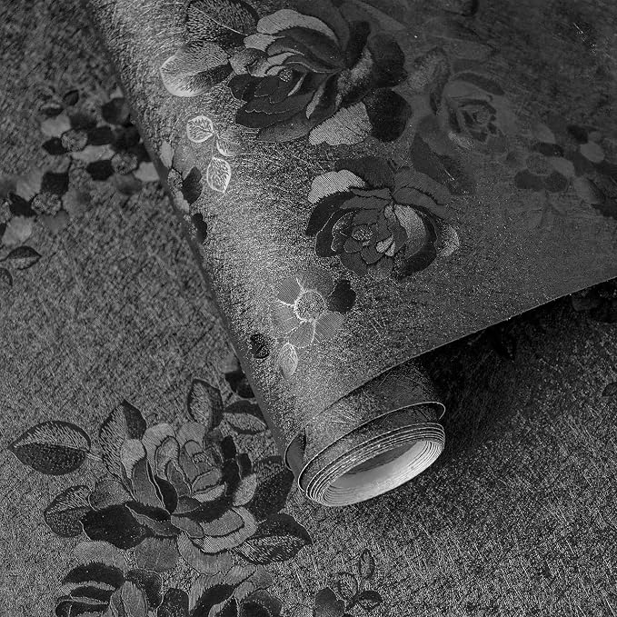 Black Peel and Stick Wallpaper Silk Embossed Floral 512inL 17.7inW | Textured Thicken Self Adhesive,Waterproof Contact Paper for Cabinets,Bedroom Bathroom Wall Decor,Renter Friendly,Easy Removal