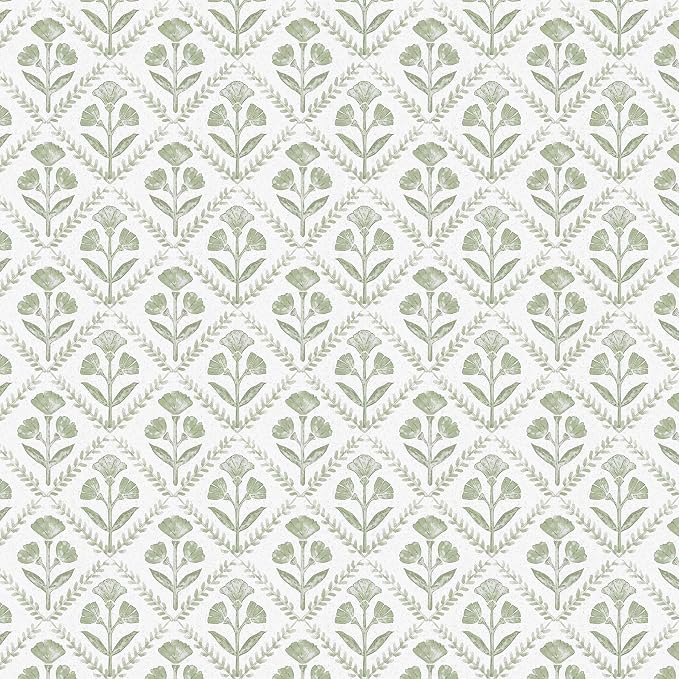 Dimoon Green Peel and Stick Wallpaper Floral Contact Paper Village Vintage Summer Cute Farmhouse Cottage Wall Paper Country Renter Friendly Geometry Waterproof Moody Bathroom Kitchen 78.7"x17.3"