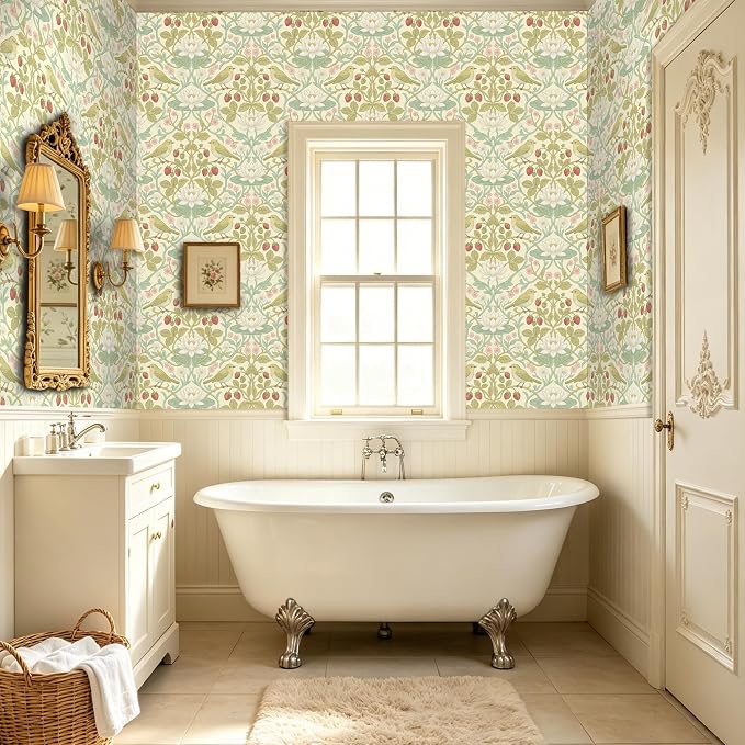 BOKEBEVE Bird Floral Wallpaper Peel Stick Beige Yellow Green 17.5 x 118In | Leaf Wall Paper Symmetry Contact Paper for Accent Walls Bedroom Removable Renter Friendly