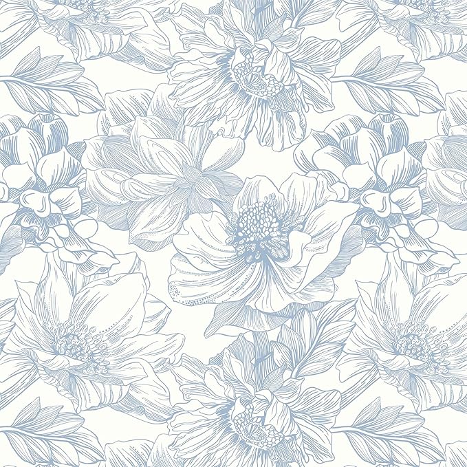 78.7"x17.3"Peel and Stick Blue Vintage Floral Line Wallpaper for Living Room