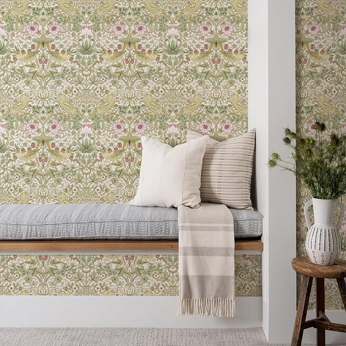 HueBurst William Morris Vintage Peel and Stick Wallpaper 17.7 x 1200in Strawberry/Bird Botanical Self Adhesive Removable Waterproof Contact Paper for Living Room Bedroom Cabinets Drawers Decor