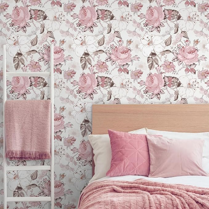 Hopepak 16.1''x394'' Floral Peel and Stick Wallpaper Modern Pink Contact Paper Removable Self Adhesive Wall Paper for Bedroom Bathroom Cabinets Decor Waterproof Vinyl