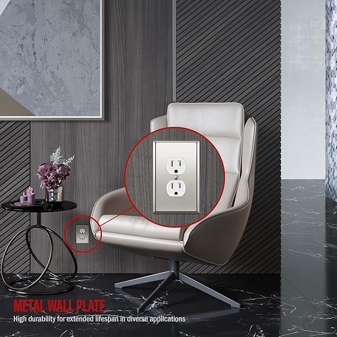 ENERLITES Duplex Receptacle Metal Wall Plate, Stainless Steel Outlet Cover, Corrosion Resistant, Mid-Size 1-Gang 4.88" x 3.11", Stainless Steel 201, 7721M-PC, Polished Chrome