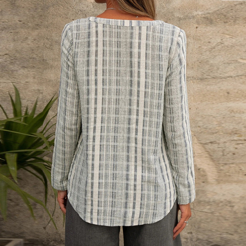 Plus size women's blue striped shirt casual top