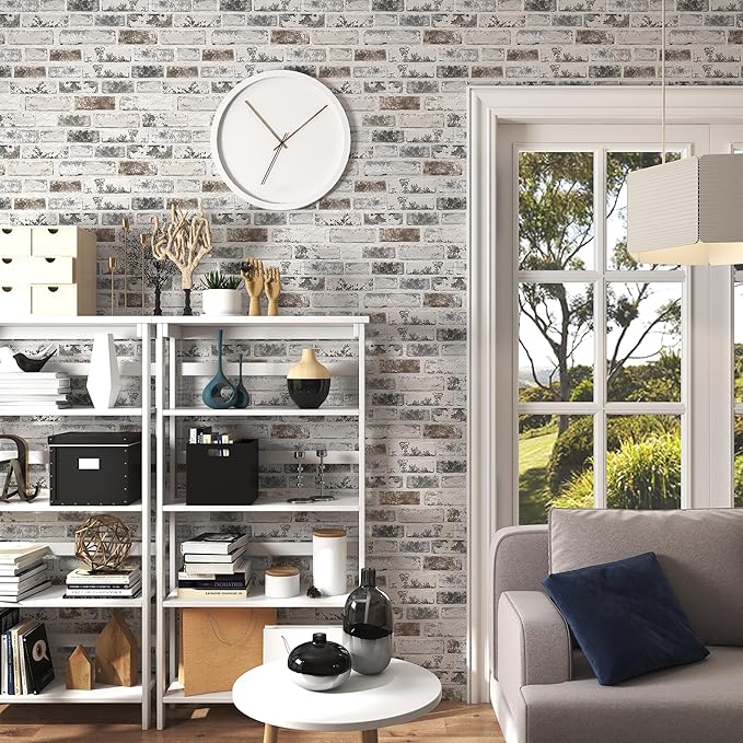 Brick Wallpaper Peel and Stick Wallpaper 17.3"x393" Grey and White 3D Brick Wallpapers Self Adhesive Vintage Wall Paper Removable Textured Contact Paper for Fireplace Kitchen Home Decoration Vinyl