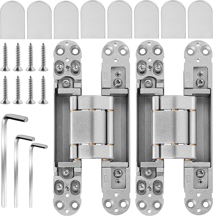 Onedaful 2 Kits 7 inch Stainless Steel Hidden Door Hinges Invisible Hinges for Door, 180 Degree Swing Concealed Hinges, 3 Way Adjustable & Heavy Duty for Secret Door (Load-Bearing Up to 170lbs)