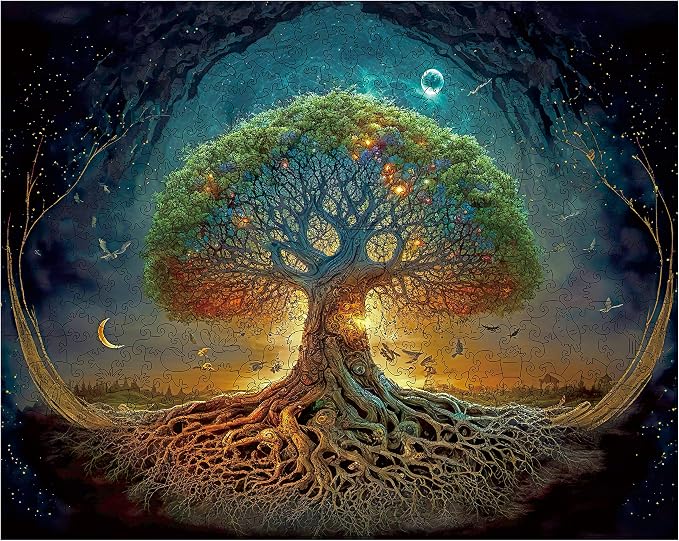 Mys Aurora Tree of Life Wooden Jigsaw Puzzles | Unique 200 Pcs Medium Size 9.6'' x 11.8'' Luxurious Shaped Wood Puzzle, Beautiful Package