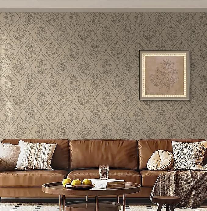 Toduso Vintage Peel and Stick Wallpaper Brown Floral Wallpaper for Kitchen Boho Neutral Contact Paper Removable Waterproof Self Adhesive Wall Paper for Bathroom Bedroom Drawer Decor Vinyl 17.3"x196.8"