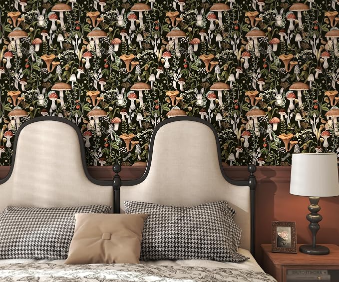 Mushroom Wallpaper Peel and Stick Black Contact Paper 17.7"×197" | Self Adhesive Wallpaper Removable Boho Leaf Forest Contact Paper for Cabinets Kitchen Vintage Wallpapers Waterproof Vinyl