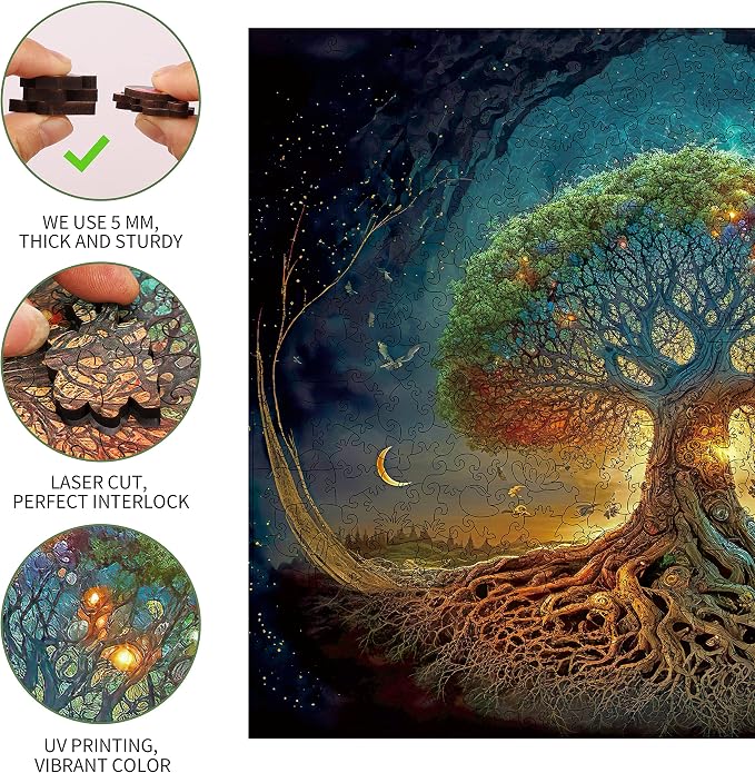 Mys Aurora Tree of Life Wooden Jigsaw Puzzles | Unique 200 Pcs Medium Size 9.6'' x 11.8'' Luxurious Shaped Wood Puzzle, Beautiful Package