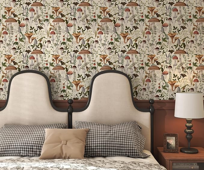 Mushroom Wallpaper Peel and Stick Vintage Contact Paper 17.7"×197" | Self Adhesive Wallpaper Removable Beige Forest Boho Contact Paper for Cabinets Kitchen Leaf Wallpapers Waterproof Vinyl