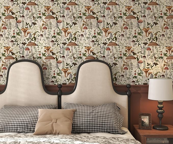 Mushroom Wallpaper Peel and Stick Boho Contact Paper 17.7"×393" | Self Adhesive Wallpaper Removable Beige Forest Vintage Contact Paper for Cabinets Kitchen Leaf Wallpapers Waterproof Vinyl