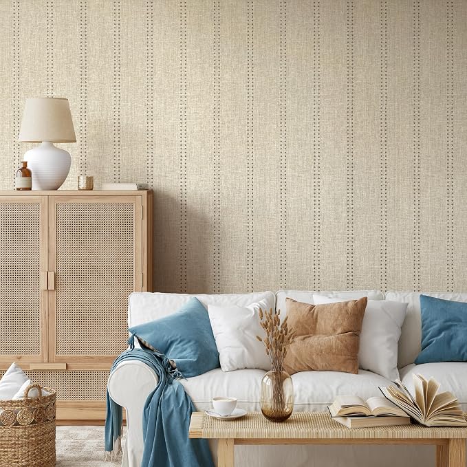 Ansehan Hand-Crafted Wallcovering HA4003 Droplets Stripe 36" W x8 Yard L Textured, Modern, Non Prepasted Natural Home Décor for Christmas Interior, Tan