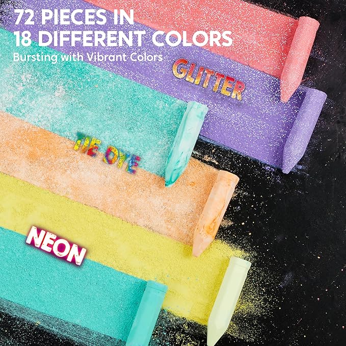 JOYIN 72 PCS Washable Sidewalk Chalk, 12 Packs Total, 3 Styles (Tie-Dye, Glitter & Neon), Outdoor Chalks for Painting, Drawing, Gifts for Kids