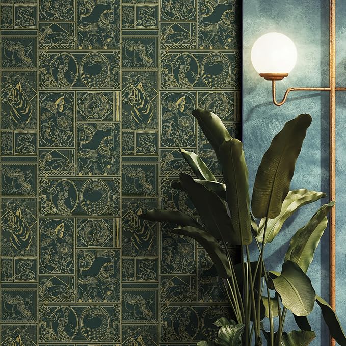 Erfoni 118"x17.7" Green and Gold Wallpaper Vintage Peel and Stick Wallpaper Special Animals Pattern Contact Paper Stick and Peel Self Adhesive Removable Wall Paper for Countertop Cabinets Covering