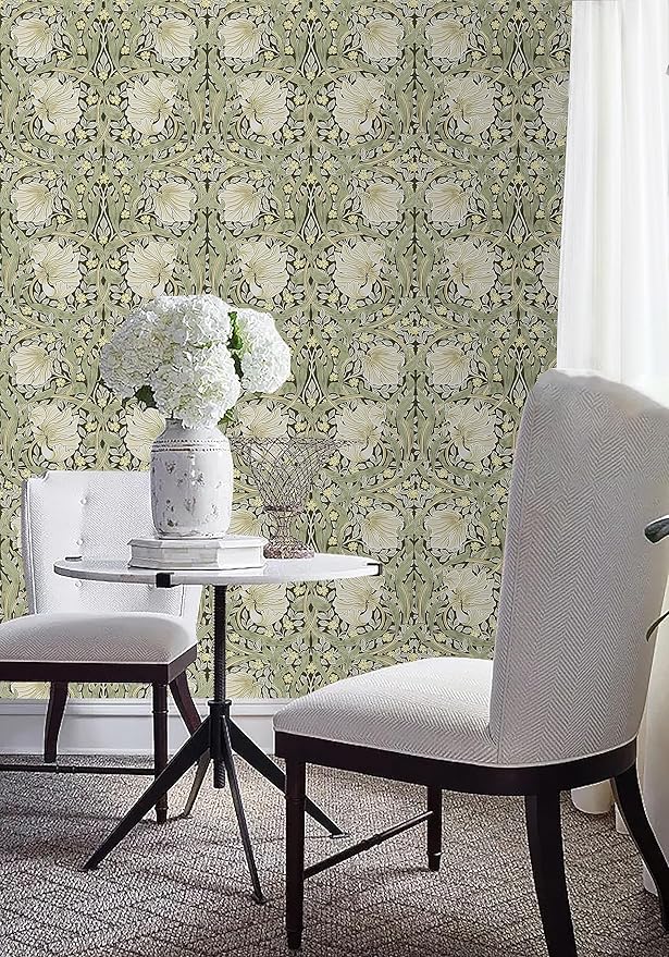 HAOKHOME Vintage Floral Wallpaper Peel and Stick Botanical Sage Green/Yellow Wall Murals Home Kitchen Bedroom Decor by William Morris 17.3in x 9.8ft