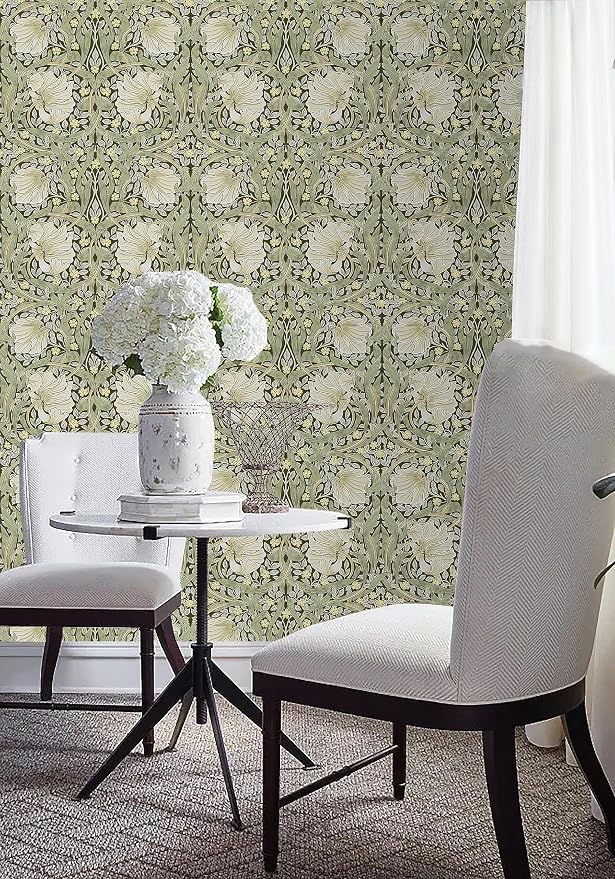 HAOKHOME Vintage Floral Wallpaper Peel and Stick Botanical Sage Green/Yellow Wall Murals Home Kitchen Bedroom Decor by William Morris 17.3in x 6.6ft