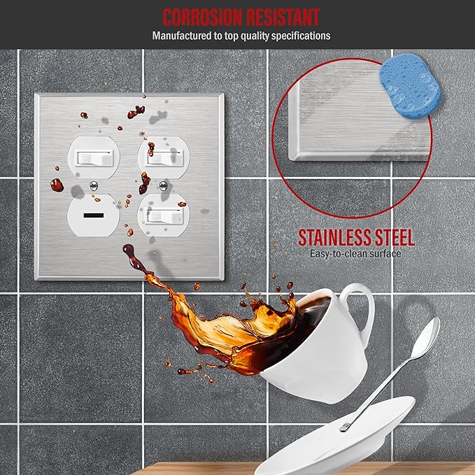 ENERLITES Double Duplex Receptacle Metal Wall Plate, Stainless Steel Outlet Cover, Corrosion Resistant, 430 Stainless Steel, Mid-Size 2-Gang 4.88" x 4.92", UL Listed, 7722M, Silver