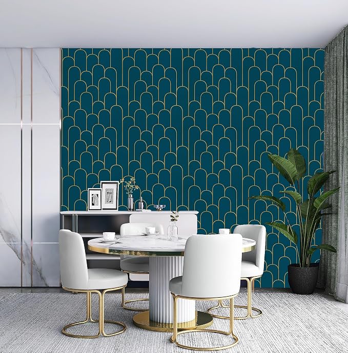 Yasinet Peel and Stick Wallpaper Stripe Removable Blue Contact Paper Blue/Gold Geometric Self Adhesive Decorative for Wall Countertop Cabinet Furniture Vinyl Film 17.3''x393.7''