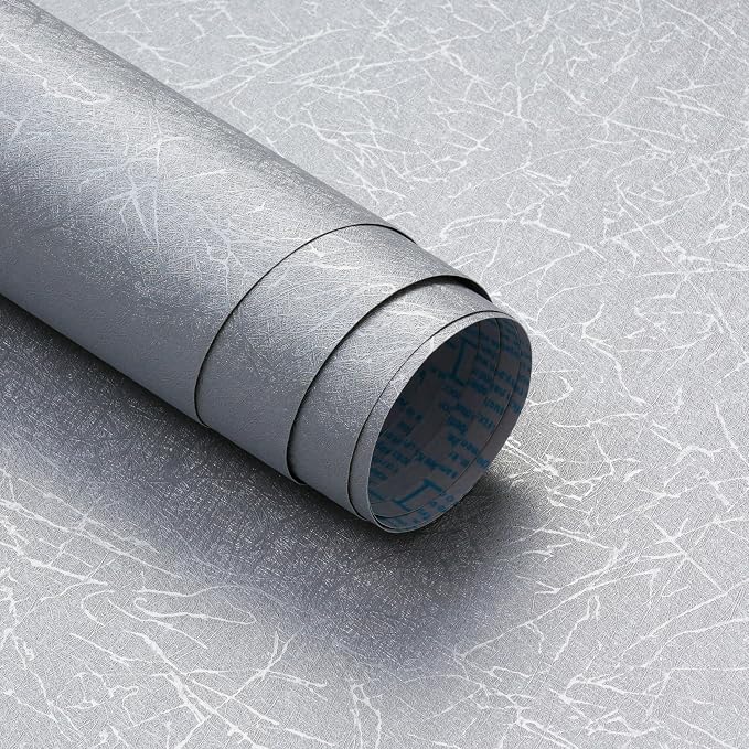 Safiyya 17.3 inch X 118 inch Peel and Stick Wallpaper Silver Grey Silk Wallpaper Textured Removable Wall Paper Self Adhesive Contact Paper for Walls Vinyl Rolls