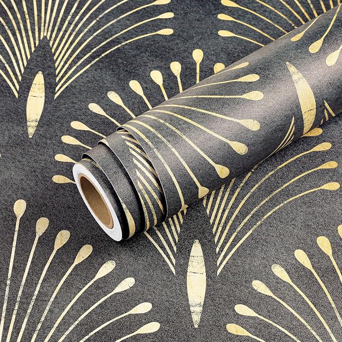 Livelynine Black Gold Art Deco Wallpaper Peel and Stick Dark Peacock Feather Accent Wall Paper Self Adhesive Modern Abstract Luxury Black Metallic Gold Removable Contact Paper Waterproof 17.5x78.8