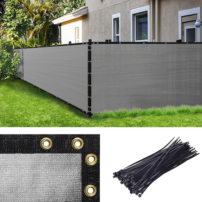 Amgo Custom Made 8' x 63' Grey Fence Privacy Screen Windscreen with Bindings & Grommets, Heavy Duty for Commercial and Residential, 90% Blockage, Cable Zip Ties Included (We Customize)