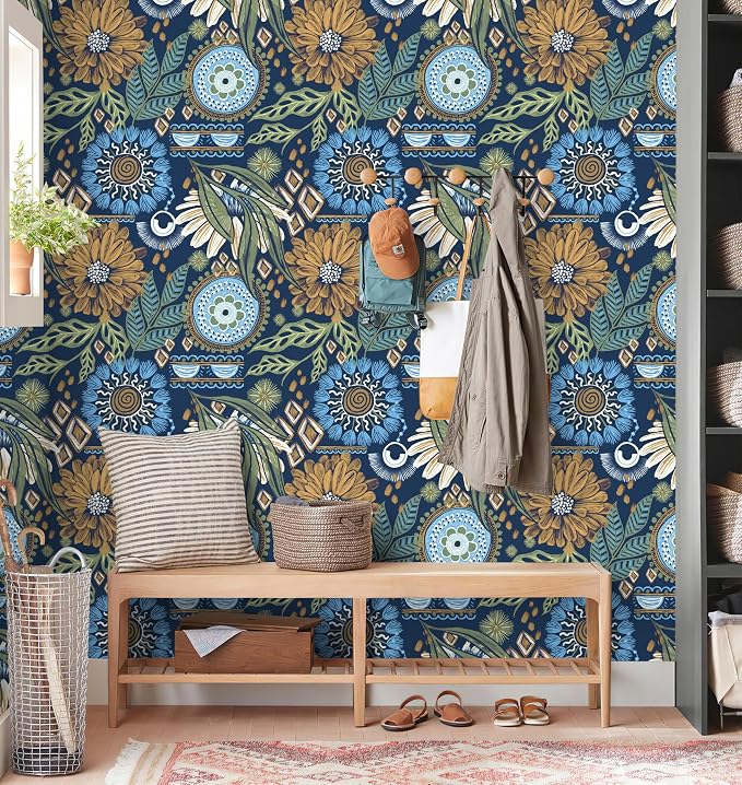 HAOKHOME Peel and Stick Wallpaper Boho Retro Floral Wall Paper Navy Blue Mustard for Bathroom Kitchen Accent Wall 17.3in x 32.8ft