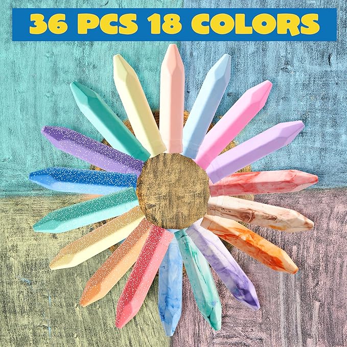 JOYIN 36 PCS Washable Sidewalk Chalk, 6 Packs Total, 3 Styles (Tie-Dye, Glitter & Neon), Outdoor Chalks for Painting, Drawing, Gifts for Kids