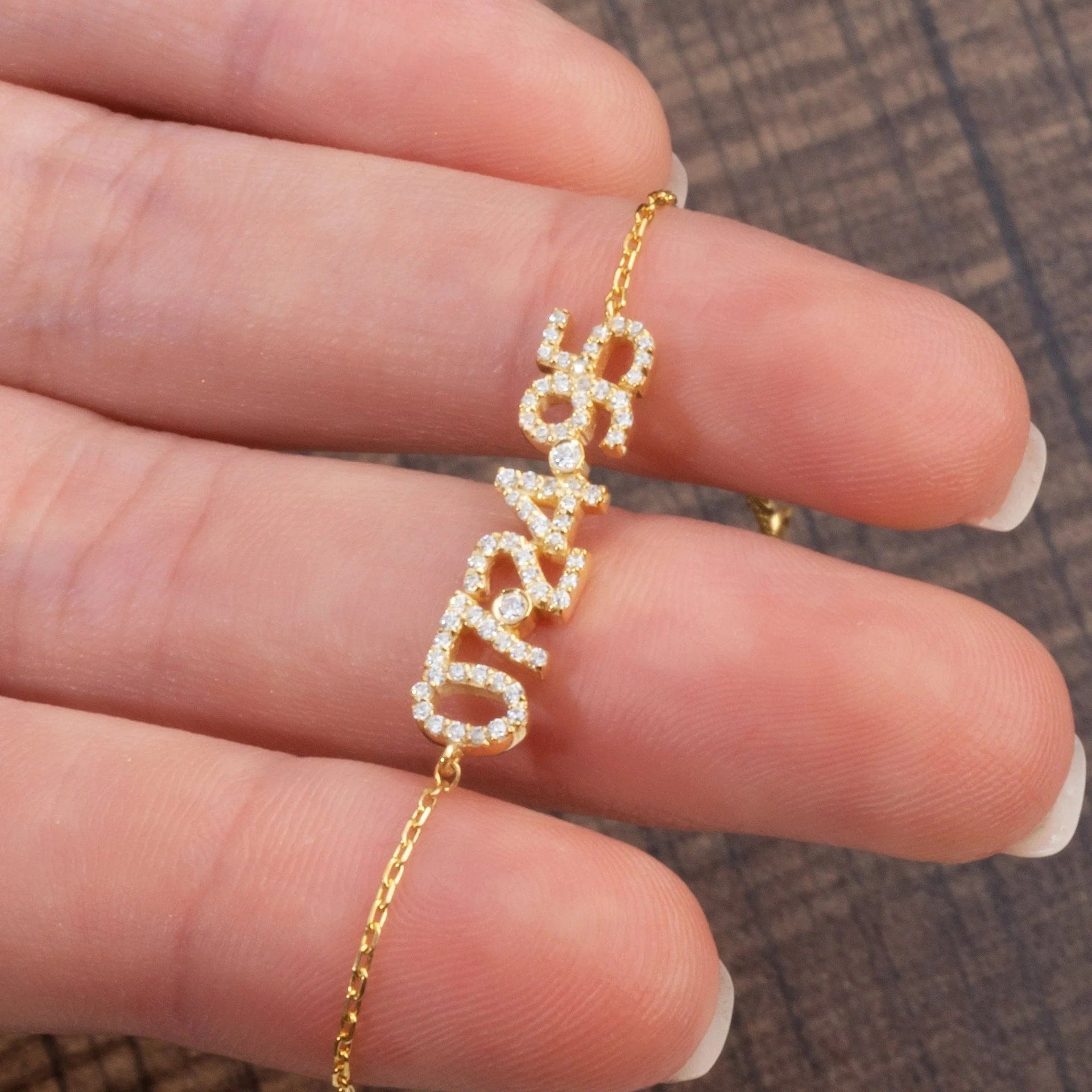 Gold Personalized 925 Sterling Silver Full Pave Diamond Year Bracelet | Custom DIY Number Digital Date Charm Bracelet for Women, Jewelry Gift for Her