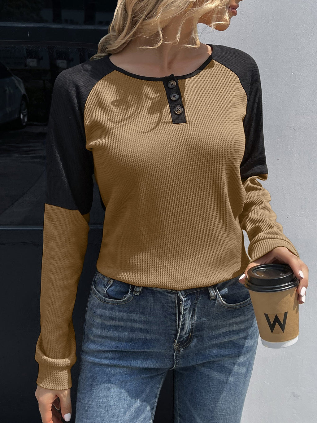 Ivy Lane Contrast Buttoned Round Neck Raglan Sleeve Top