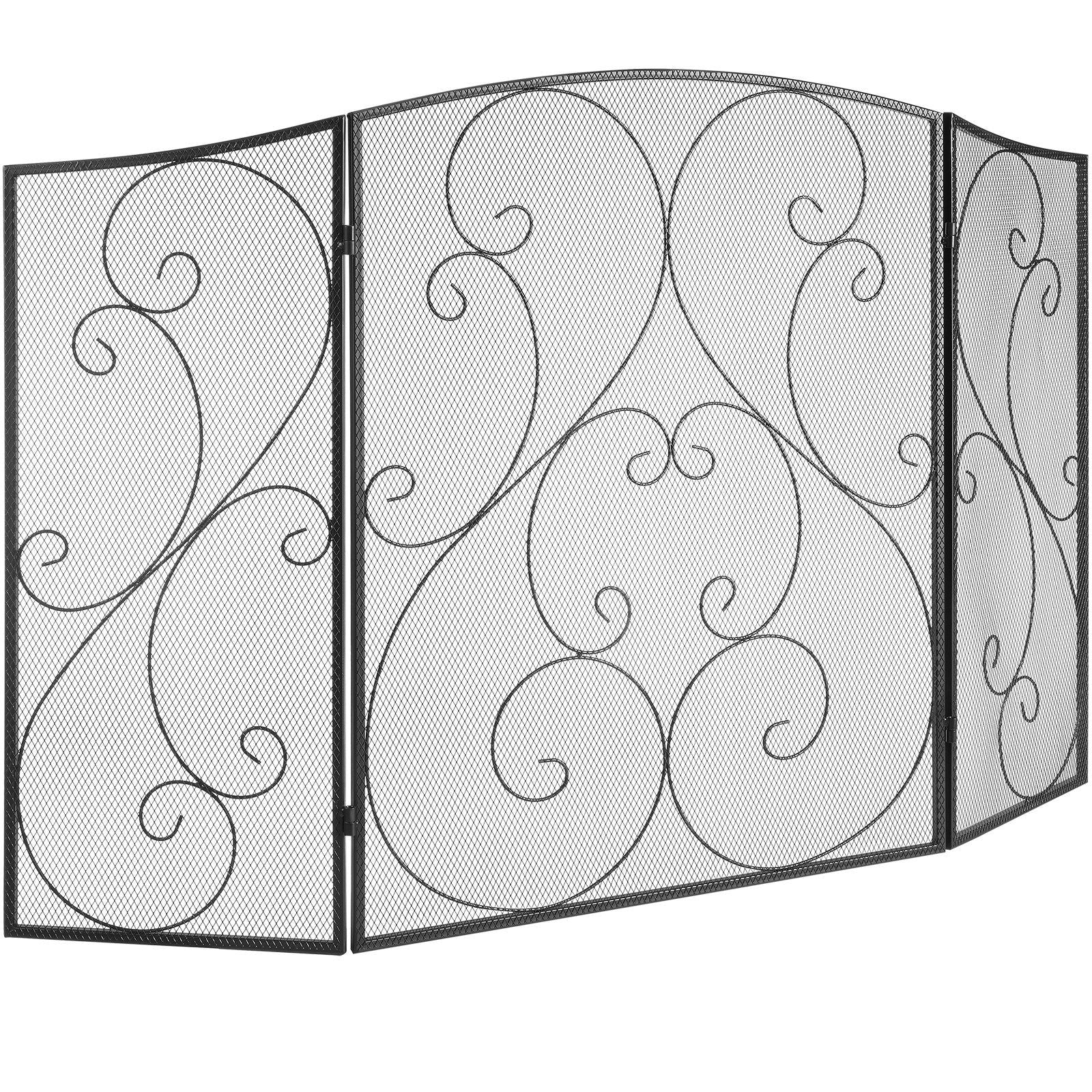 Fireplace Screen 3 Panel, Sturdy Iron Mesh Fireplace Screen, 48"(L) x30.2"(H) Spark Guard Cover, No Assembly Required, Free Standing Fireplace Fence Grate for Living Room Home Decor Vintage Blac