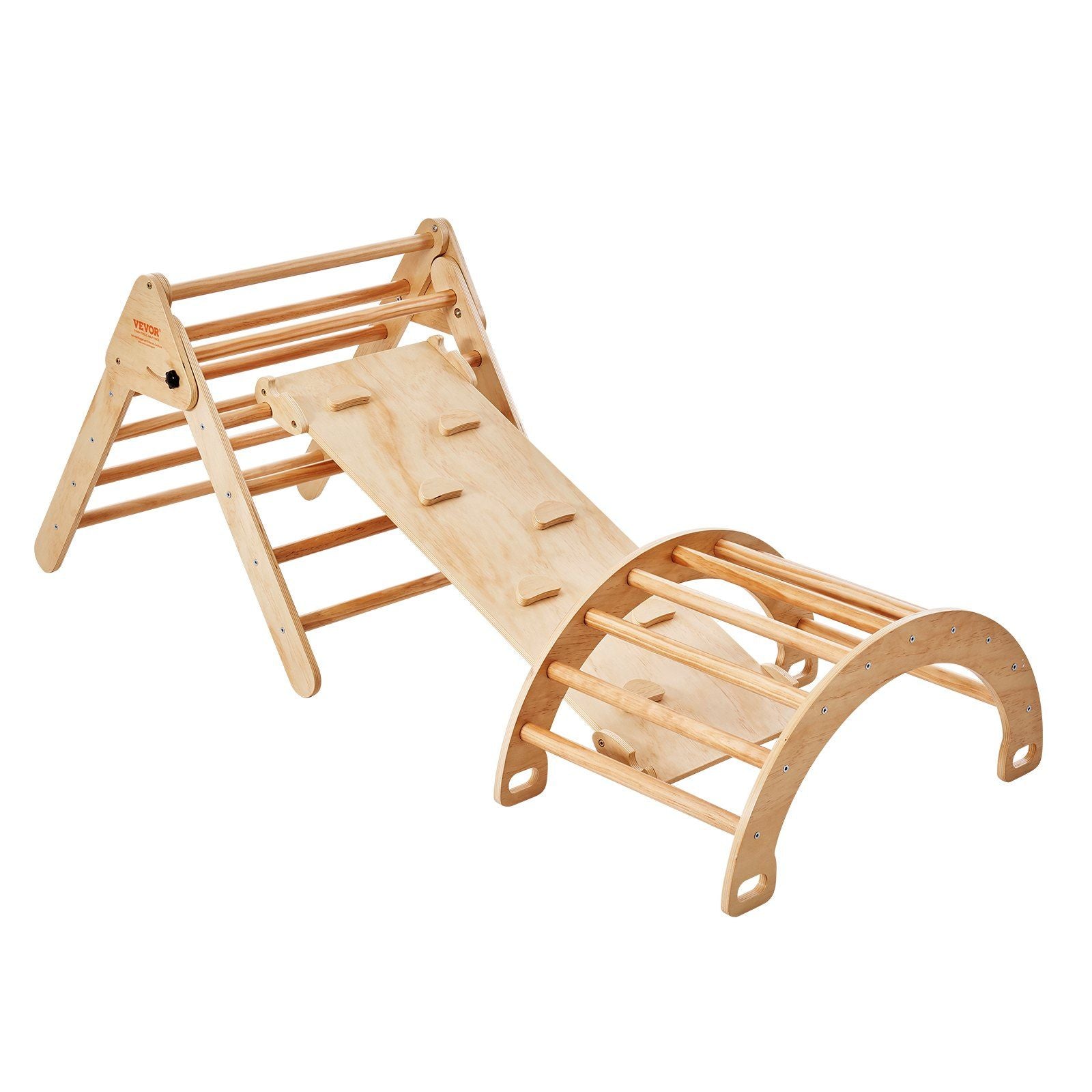 Pikler Triangle Set, 5 in 1 Toddler Climbing Toys Indoor Playground, Ramp, and Arch, Montessori Climbing Set with Triangle, Large Size Wooden Climbing Gym for Toddlers 1-3 Years, Wood Color