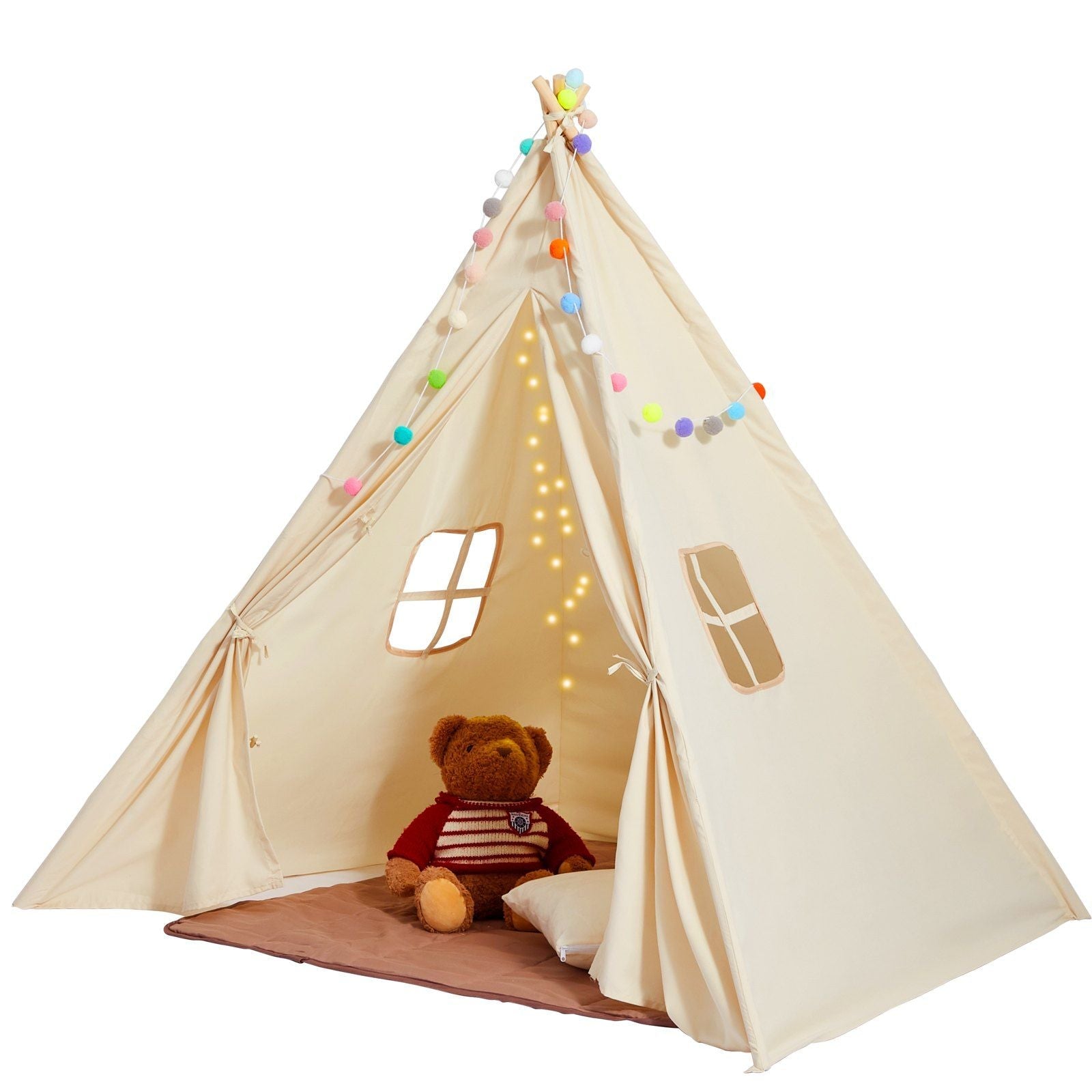 Kids Play Tent, Teepee Tent for Kids 1-5 Years Old, Tent for Kids with Windows for Indoor and Outdoor, Toddler Tent with Mat and Plush Decorative Balls, for Boys and Girls, Beige