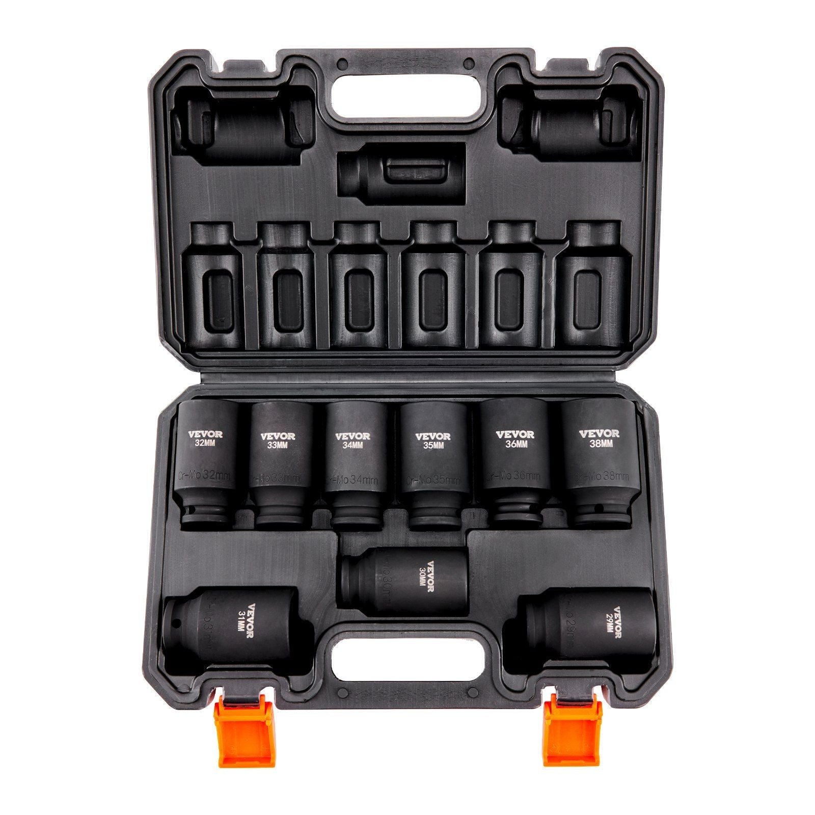 1/2" Drive Impact Socket Set, 9 Piece Deep Socket Set Metric 29-38mm, 6 Point Cr-Mo Alloy Steel for Auto Repair, Easy-to-Read Size Markings, Rugged Construction, Includes Storage Case