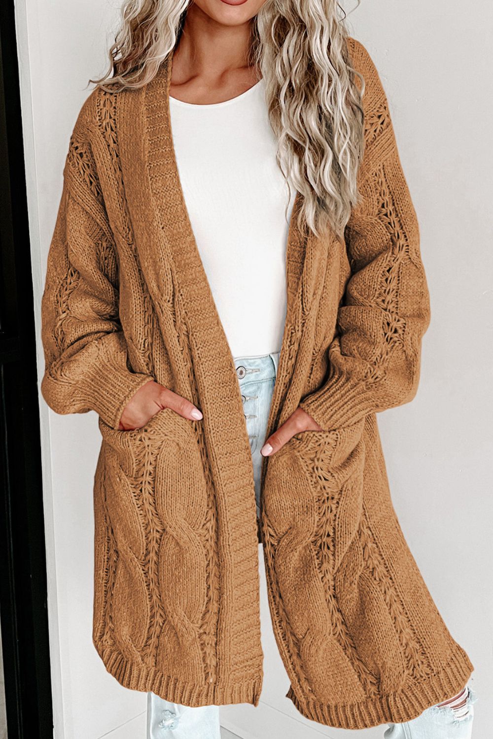 Cable-Knit Dropped Shoulder Slit Cardigan