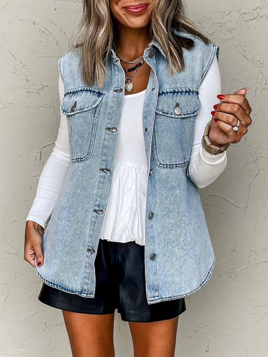 Collared Neck Button Up Denim Vest
